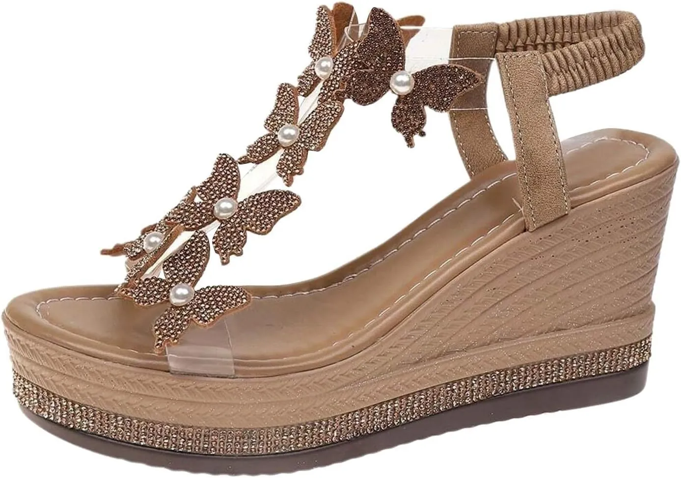 Sandals for Women 2025 Butterfly Rhinestone Wedge Sandals Summer Fashion Trendy Shoes Wide Width Platform Shoe