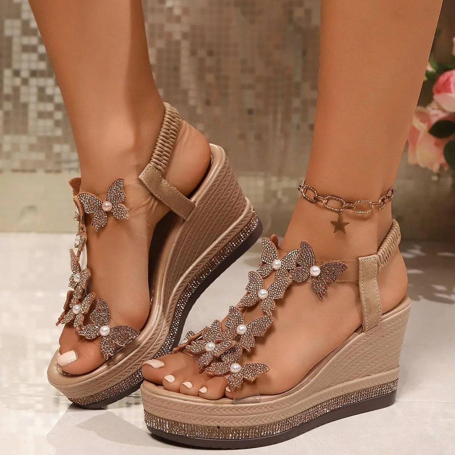 Sandals for Women 2025 Butterfly Rhinestone Wedge Sandals Summer Fashion Trendy Shoes Wide Width Platform Shoe