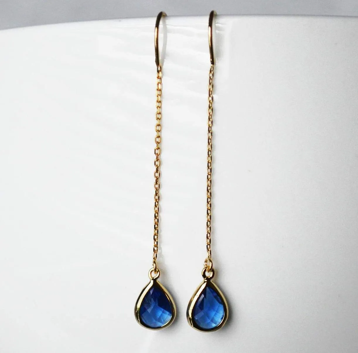 Sapphire Threader Drop earrings, Dainty September Birthstone earrings, Sapphire Drop earrings, Bridesmaid earrings, September Birthday Gift