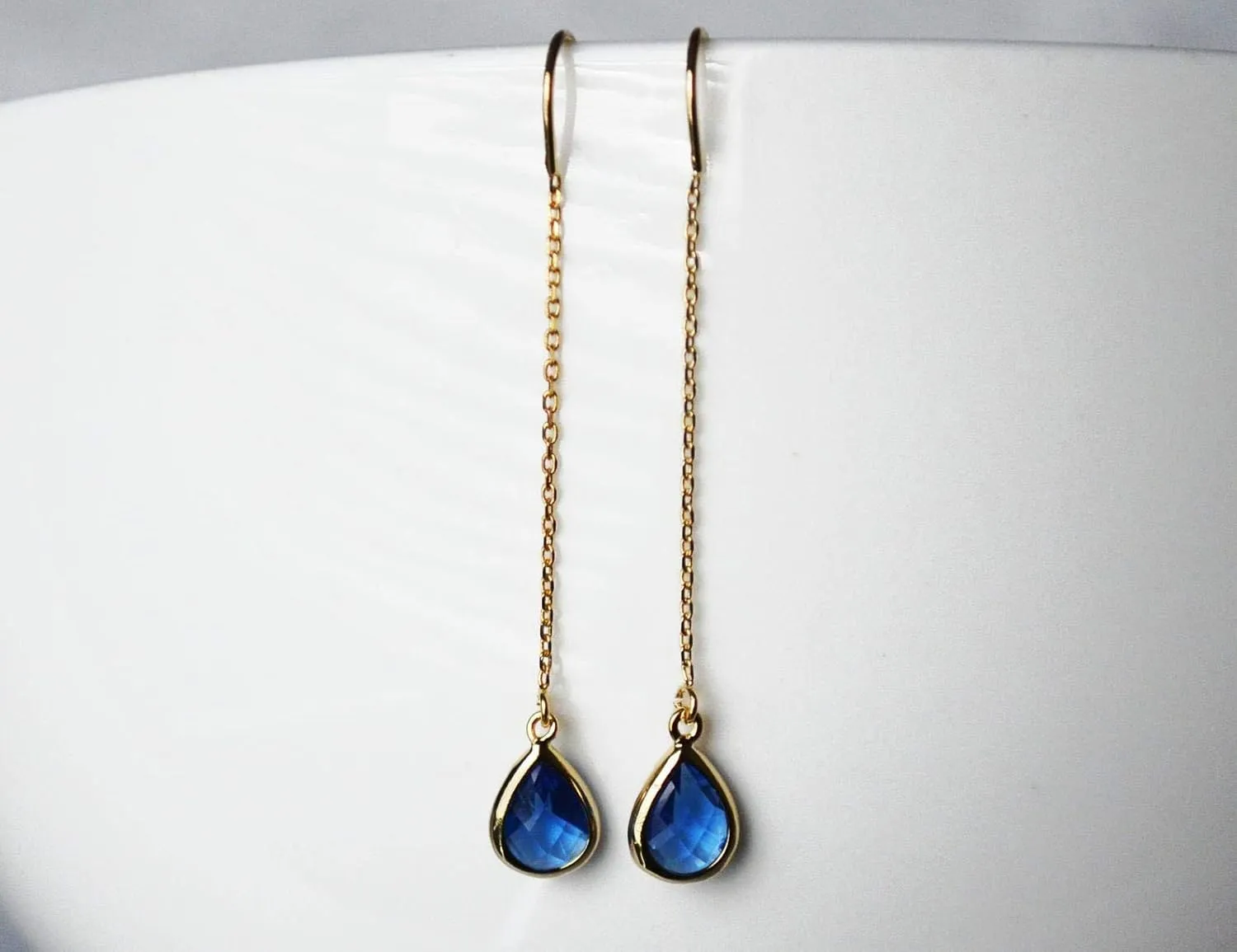 Sapphire Threader Drop earrings, Dainty September Birthstone earrings, Sapphire Drop earrings, Bridesmaid earrings, September Birthday Gift