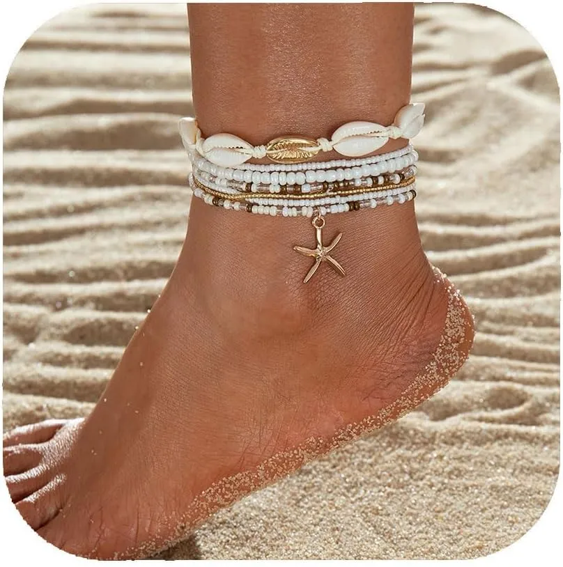 Seashell Anklets for Women Starfish Ankle Bracelet Boho Stack Stretch Beaded Anklet Set Summer Beach Accessories Jewelry