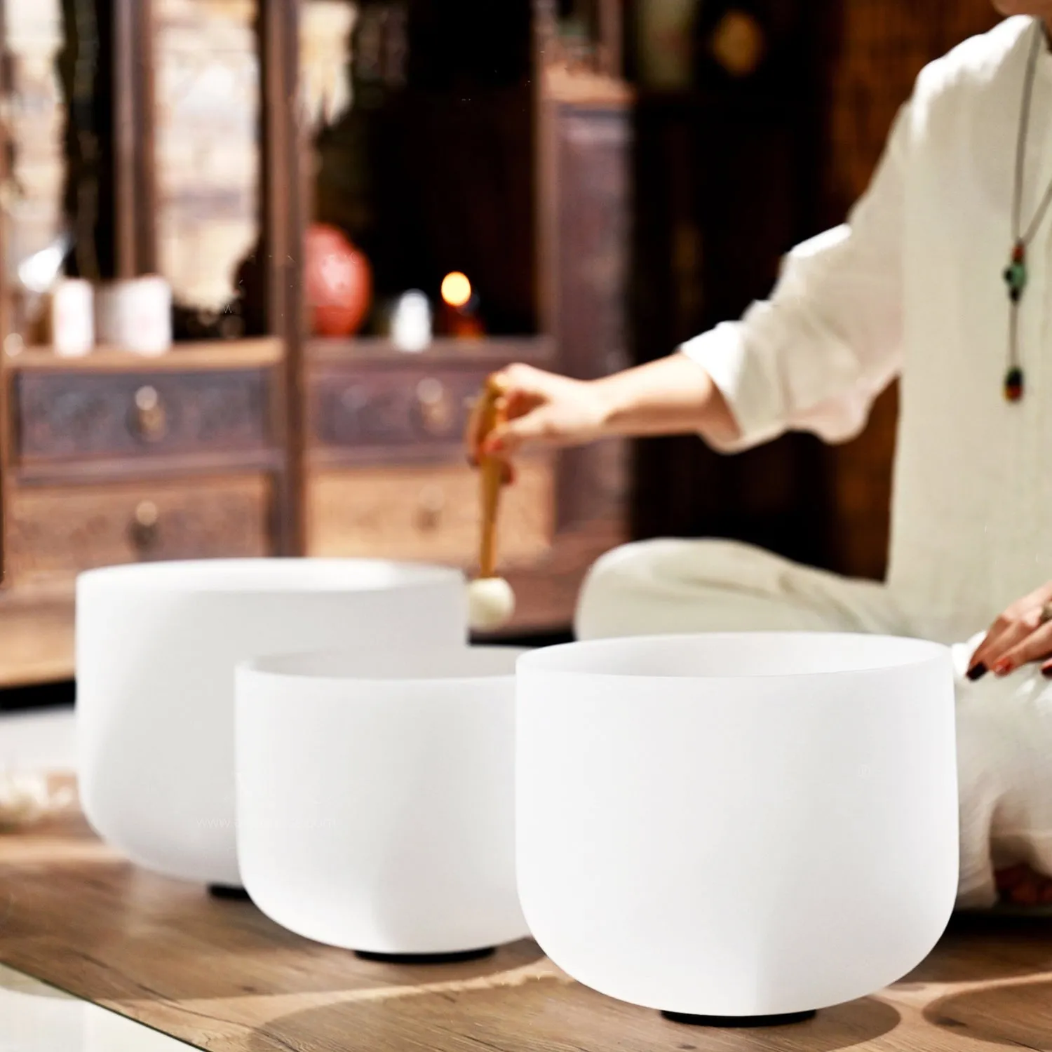 Singing bowl set of 7 - 6-12" Frosted Crystal Singing Bowl Chakra Set with Carry Bags