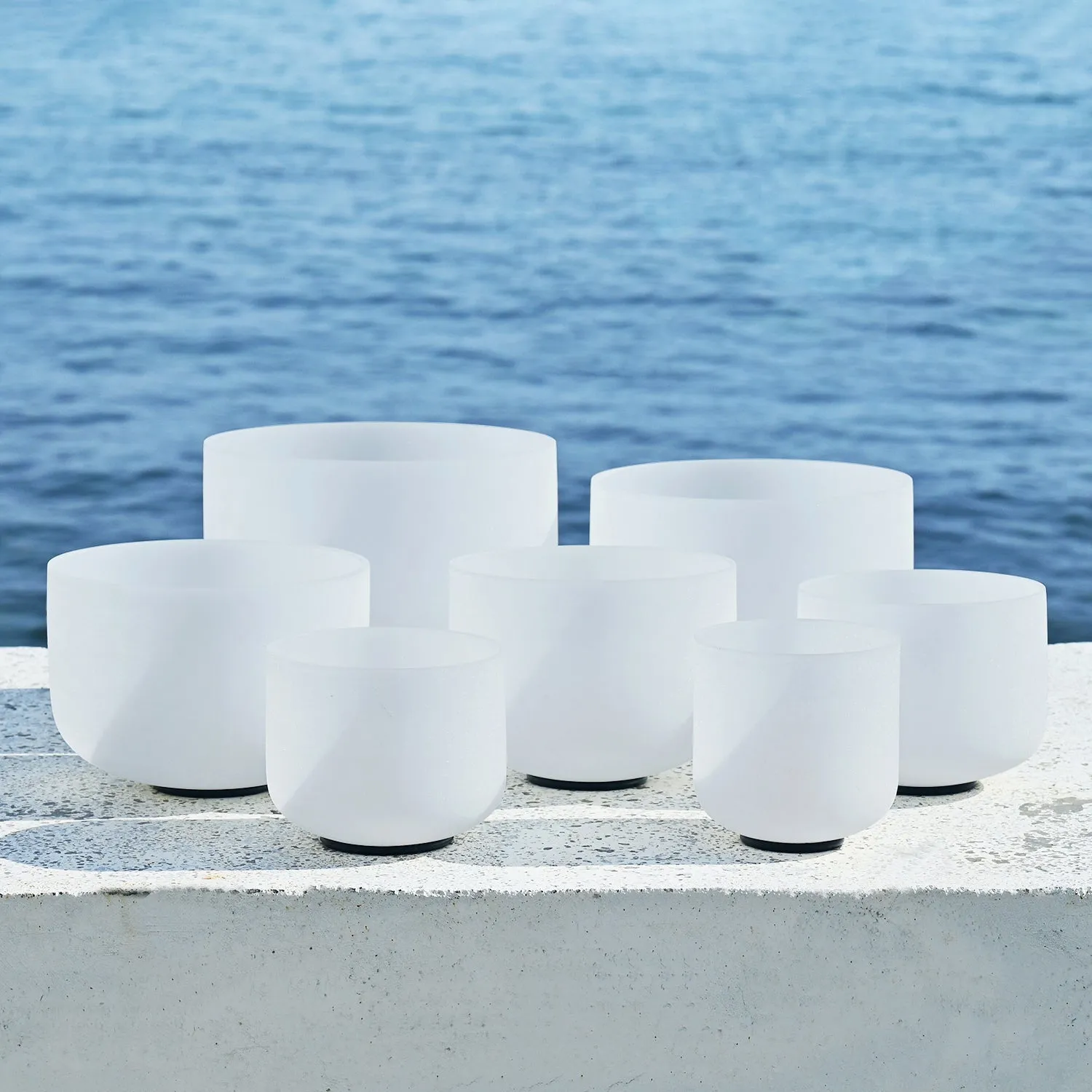 Singing bowl set of 7 - 6-12" Frosted Crystal Singing Bowl Chakra Set with Carry Bags