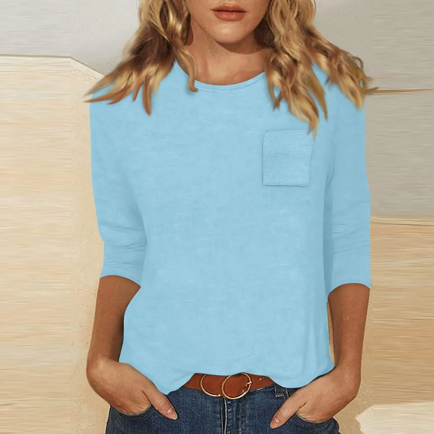 slqdgmryz 3/4 Length Sleeve Womens Tops Dressy Casual Crewneck Tshirts Shirts with Pocket Three Quarter Workout Blouses