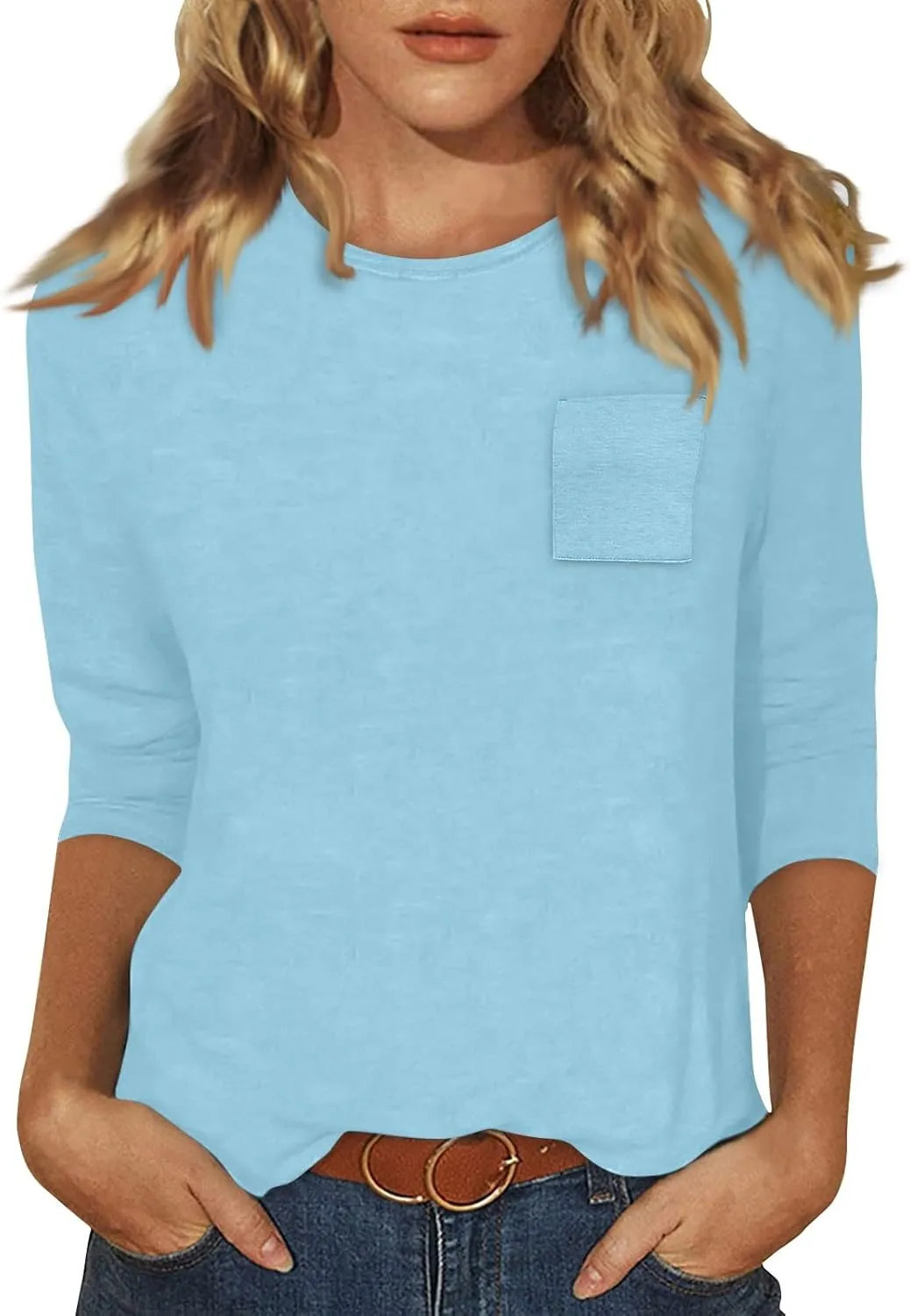 slqdgmryz 3/4 Length Sleeve Womens Tops Dressy Casual Crewneck Tshirts Shirts with Pocket Three Quarter Workout Blouses