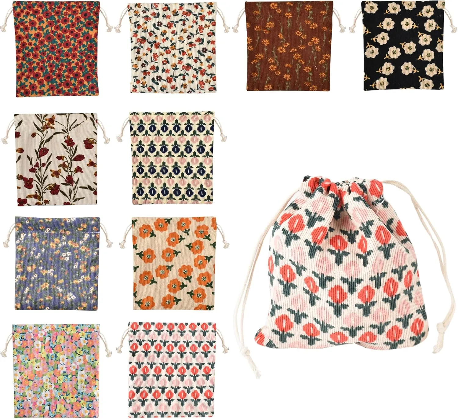 Small Flower Makeup Bag 10Pcs, Mini Corduroy Drawstring Bag Portable Small Pocket Cosmetic Bag For Women Travel Storage Cosmetics Headphones Jewelry