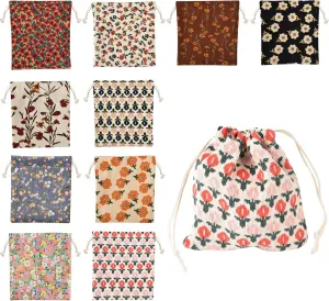 Small Flower Makeup Bag 10Pcs, Mini Corduroy Drawstring Bag Portable Small Pocket Cosmetic Bag For Women Travel Storage Cosmetics Headphones Jewelry