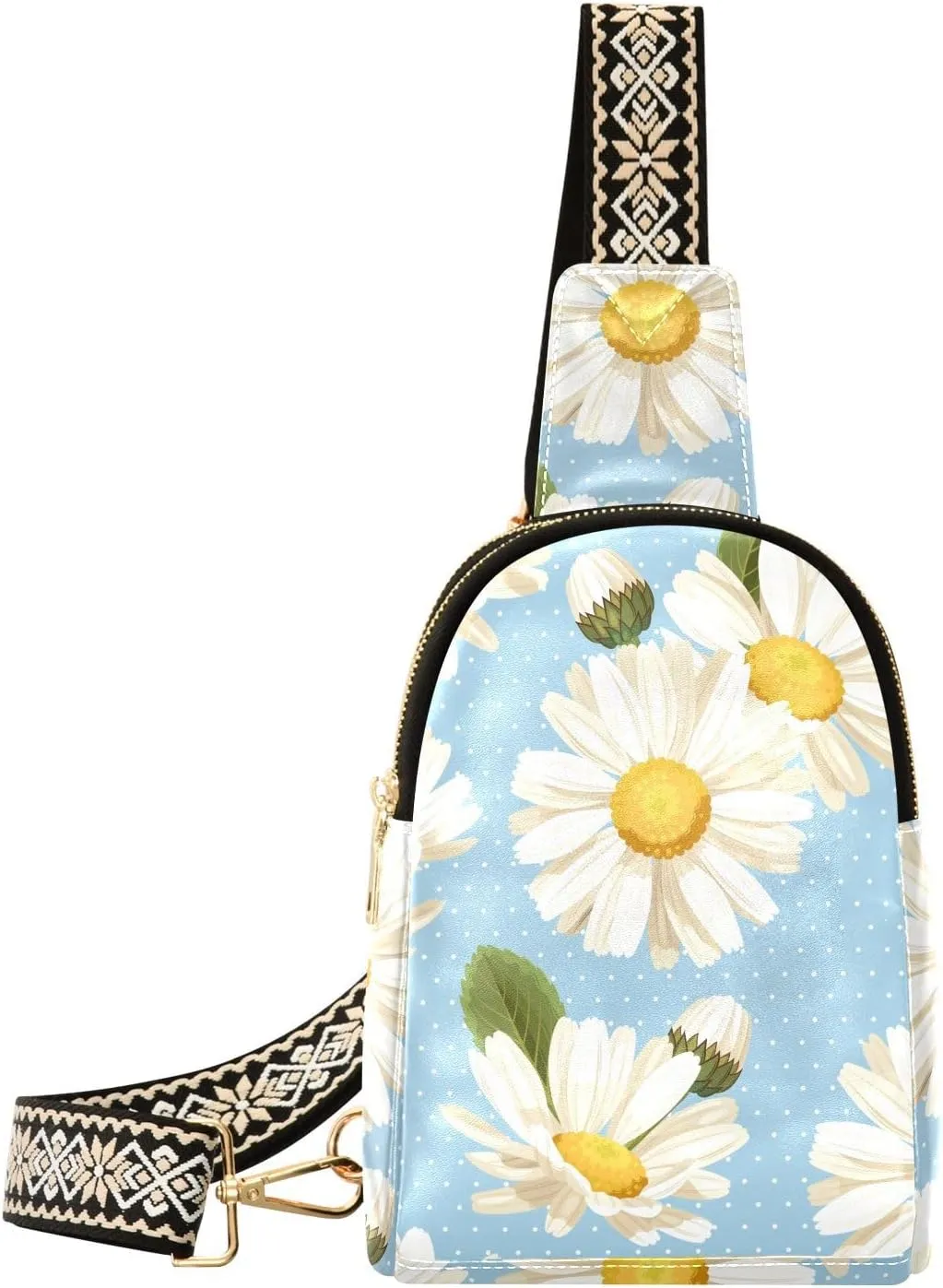 Small Sling Bag for Women Camomile and Polka Dot PC Leather Fanny Pack Crossbody Fashion Waist Packs Chest Bag for Travel Sports Running Hiking