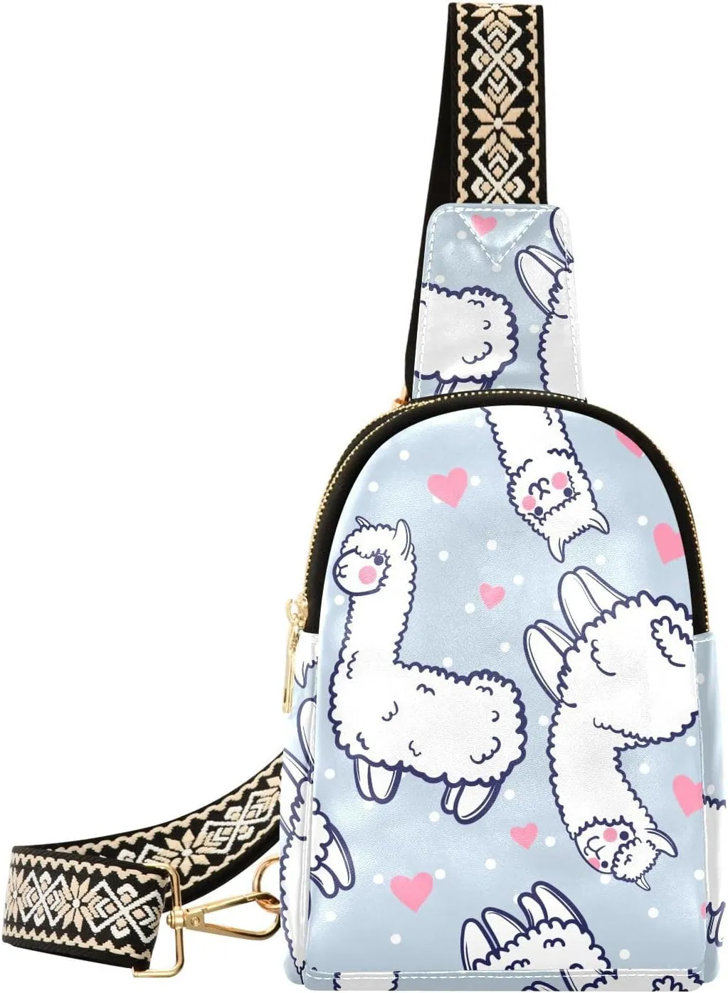 Small Sling Bag for Women Cute Alpacas and Hearts PC Leather Fanny Pack Crossbody Fashion Waist Packs Chest Bag for Travel Sports Running Hiking