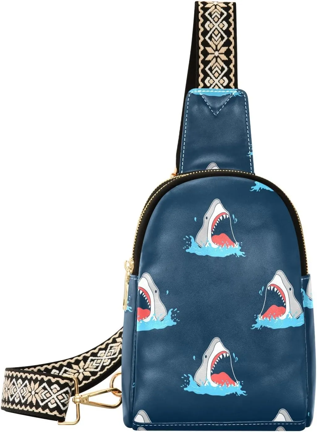 Small Sling Bag for Women Hand Drawn Shark PC Leather Fanny Pack Crossbody Summer Fashion Waist Packs Chest Bag for Travel Sports Running Hiking