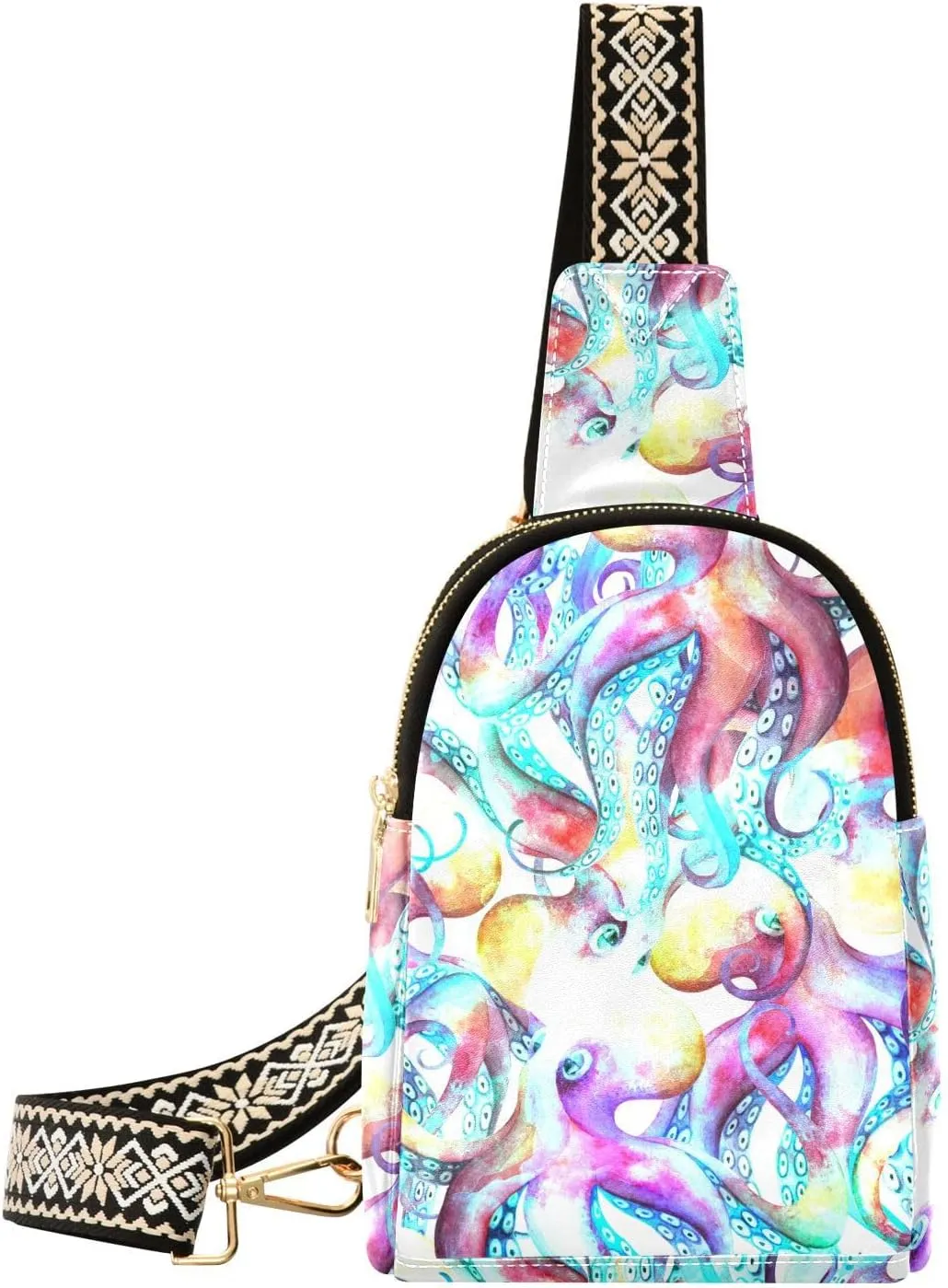 Small Sling Bag for Women Watercolor Octopuses PC Leather Fanny Pack Crossbody Fashion Waist Packs Chest Bag for Travel Sports Running Hiking