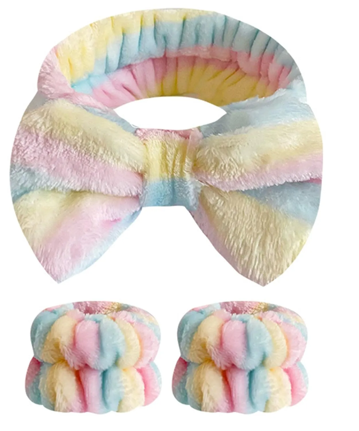 Spa headband, Wristbands, Headband for Washing Face, 2pcs Wristlets for Sleeves Dry, Make up Headband Yellow Pink