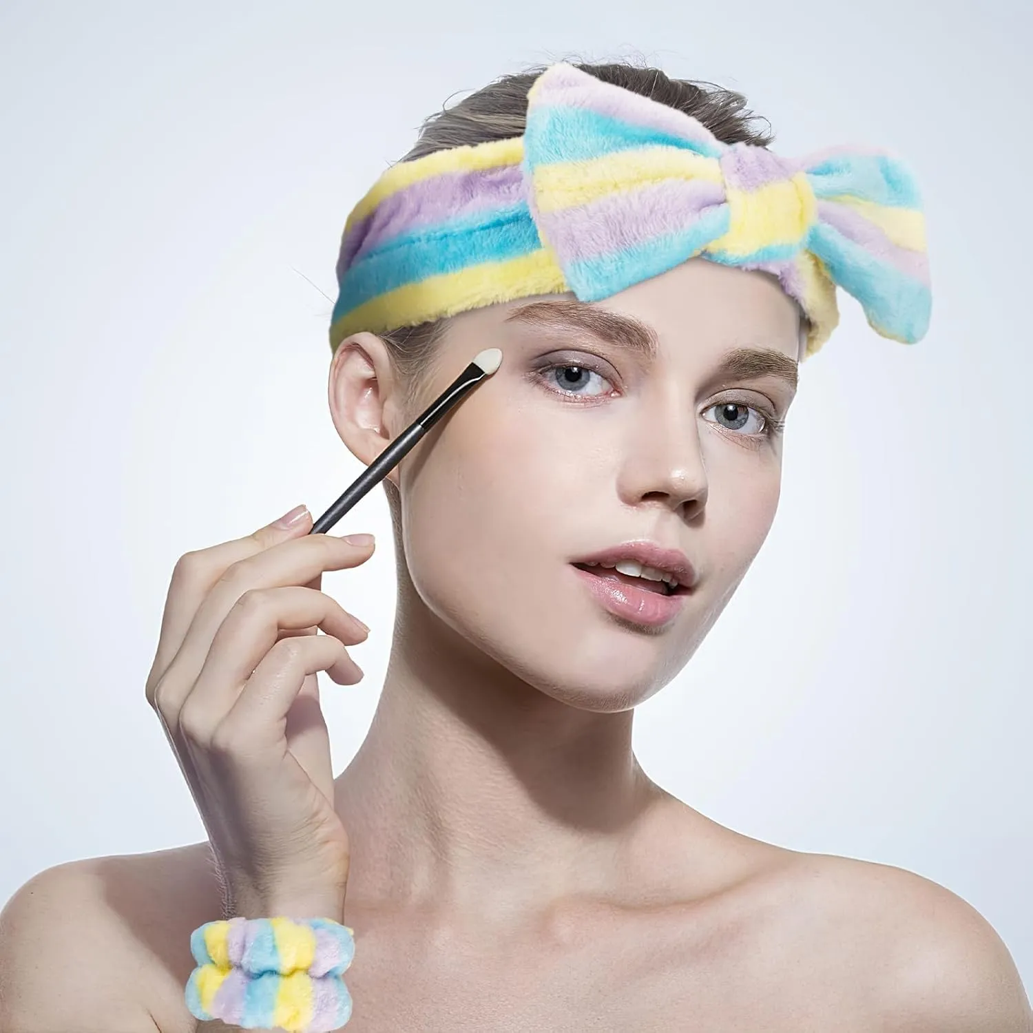 Spa headband, Wristbands, Headband for Washing Face, 2pcs Wristlets for Sleeves Dry, Make up Headband Yellow Pink
