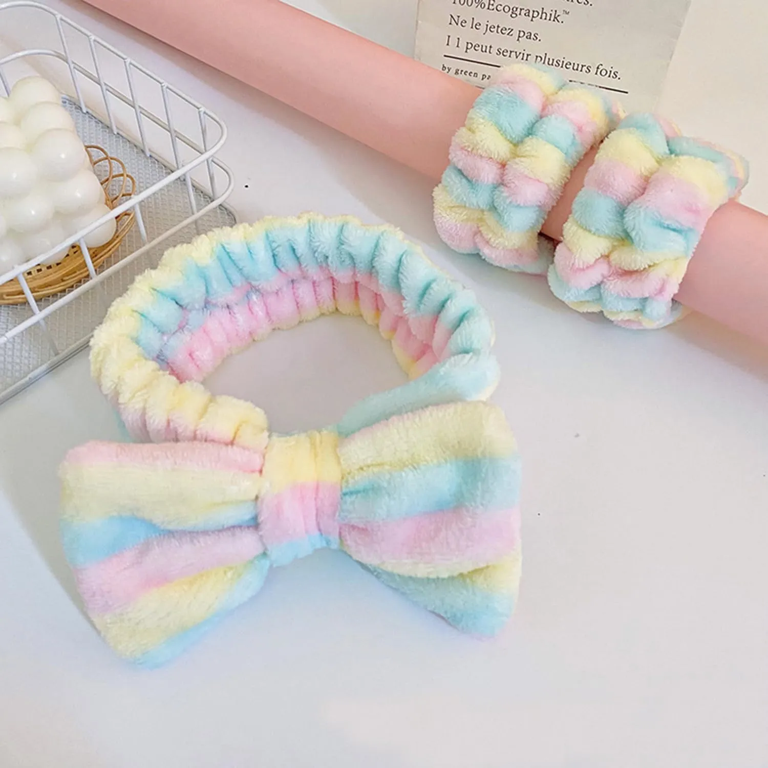 Spa headband, Wristbands, Headband for Washing Face, 2pcs Wristlets for Sleeves Dry, Make up Headband Yellow Pink