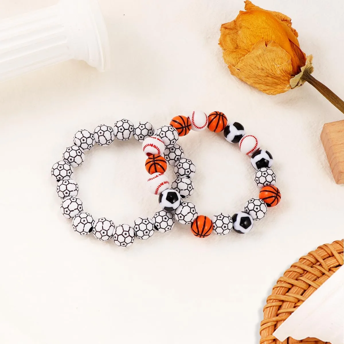 Sport Ball Beads Bracelets Handmade Acrylic Football Baseball Soccer Basketball Beads Elastic Bracelets Inspirational Sports Ball Stretch Bracelets for Sport Fans