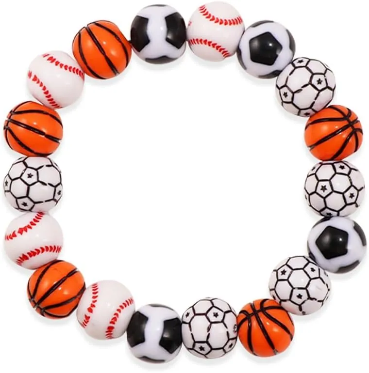 Sport Ball Beads Bracelets Handmade Acrylic Football Baseball Soccer Basketball Beads Elastic Bracelets Inspirational Sports Ball Stretch Bracelets for Sport Fans