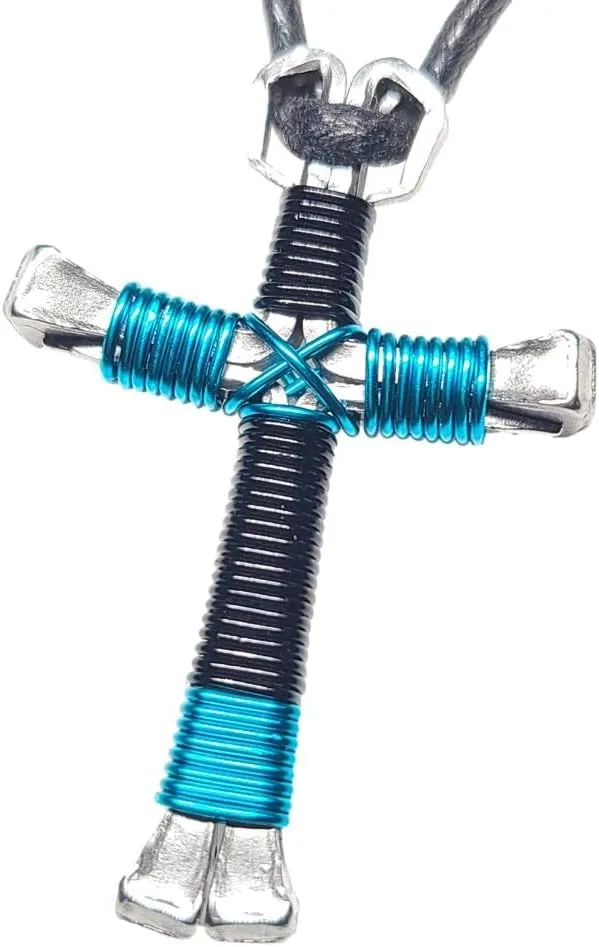Sport Black & Peacock Horseshoe Nail Cross Necklace