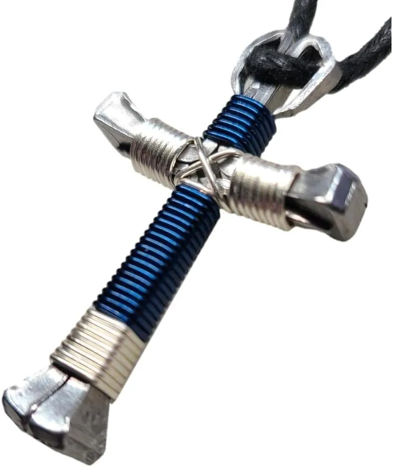 Sport - Blue & Silver Horseshoe Nail Cross Necklace