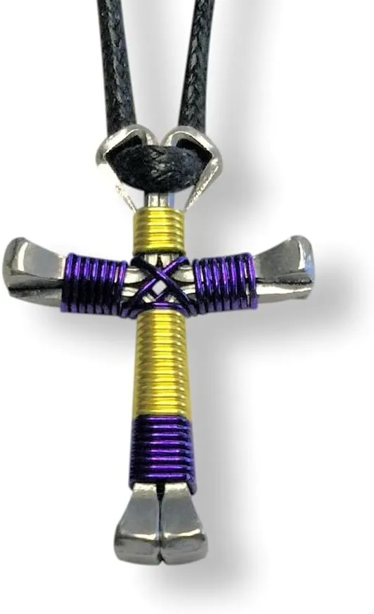 Sport Yellow & Purple Horseshoe Nail Cross Necklace