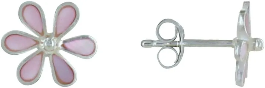 Sterling Silver Earrings Small Flowers Pink Resin