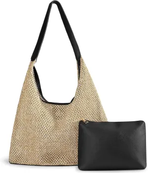 Straw Beach Bags for Women- Beach Bags for Women, Mesh Tote Bag Leather Hobo Purse with Pouch for Vacation, Travel Essentials