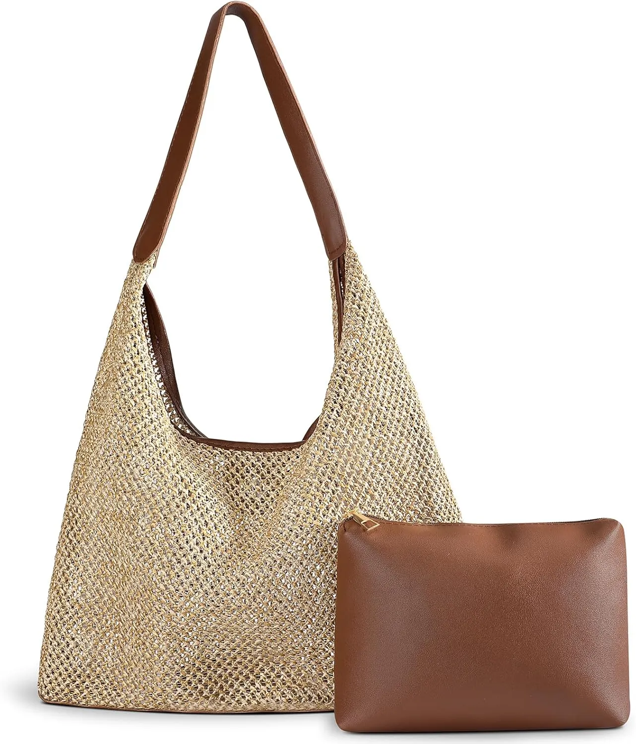 Straw Beach Bags for Women- Beach Bags for Women, Mesh Tote Bag Leather Hobo Purse with Pouch for Vacation, Travel Essentials