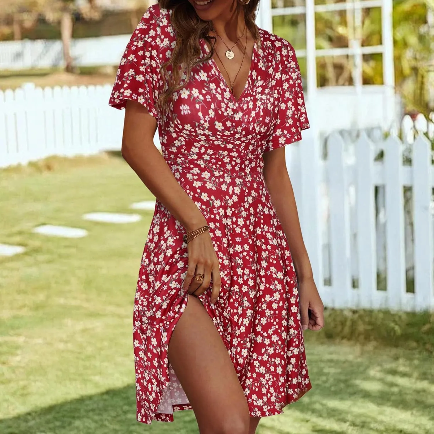 Summer Dresses for Women Boho Sundress V Neck Ruffle Sleeve Mini Dress A Line Sundress Casual Going Out Dresses 2025