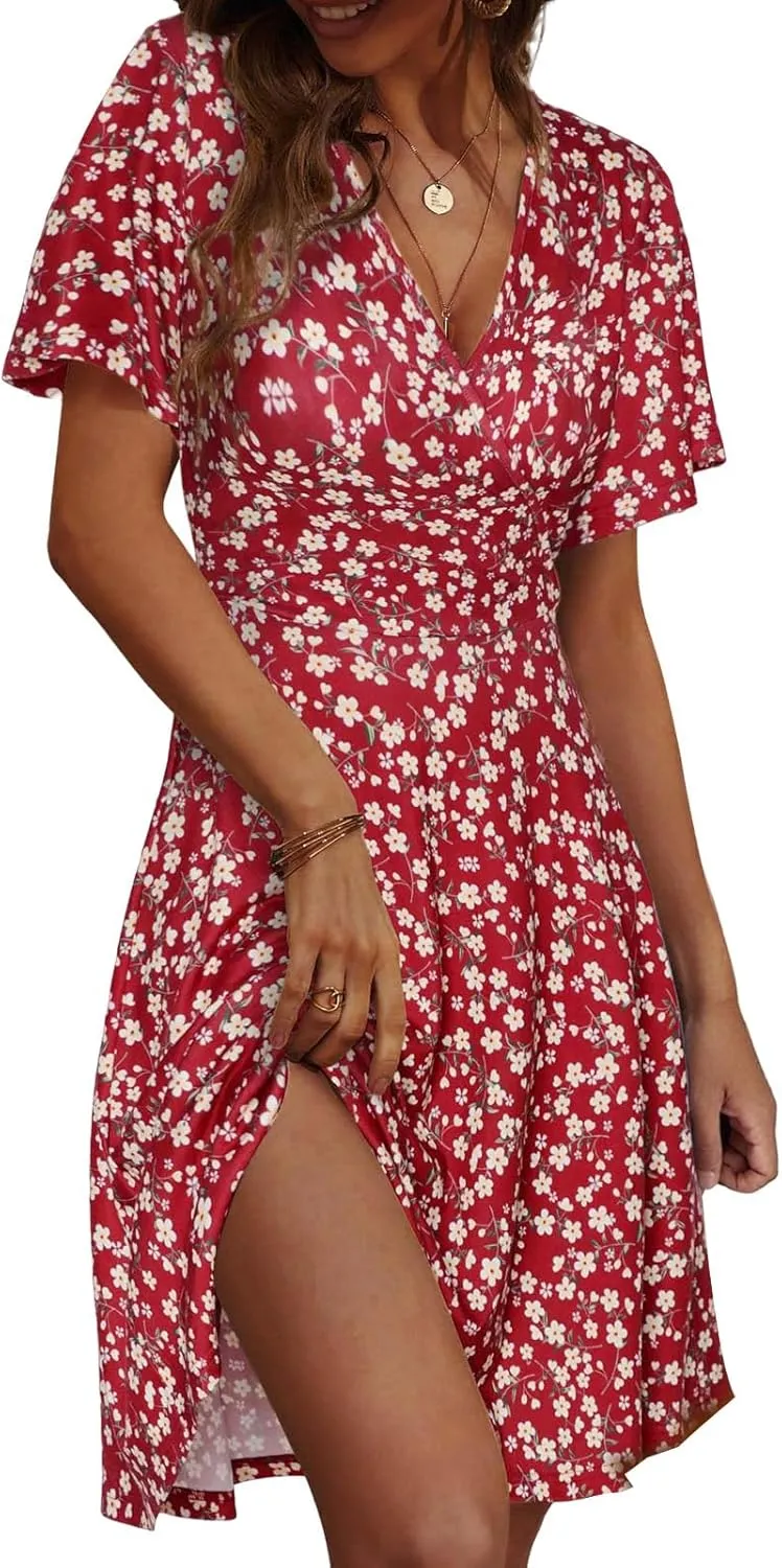 Summer Dresses for Women Boho Sundress V Neck Ruffle Sleeve Mini Dress A Line Sundress Casual Going Out Dresses 2025
