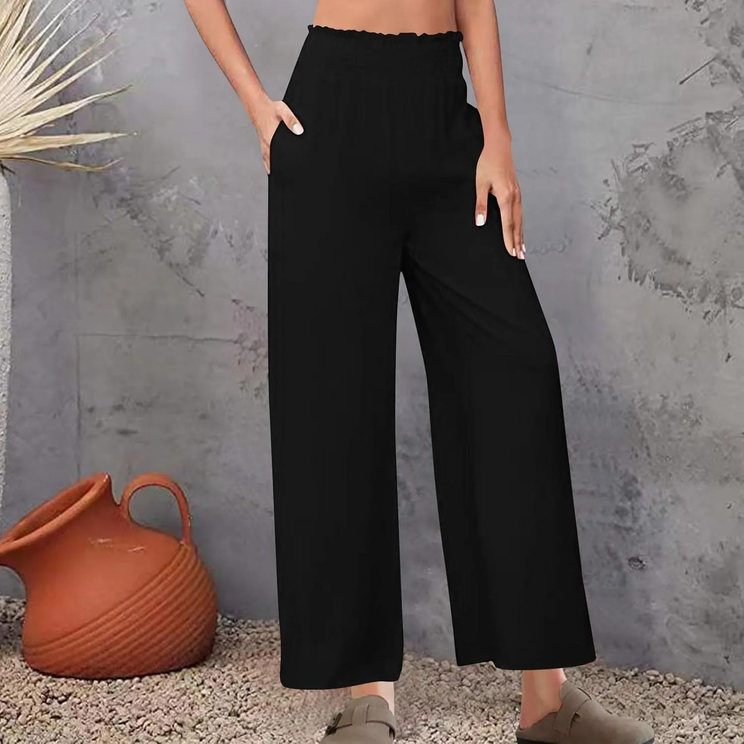 Summer Lounge Pants Women High Waisted Elastic Pants Wide Leg Casual Pants Fashion Pants for Trendy Loose Fit Pants
