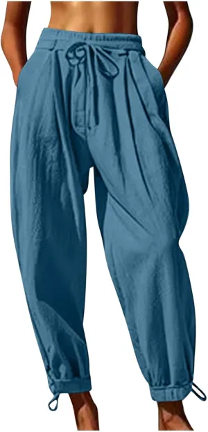 Summer Pants for Women Cotton Linen Wide Leg Pants Close Bottom Joggers Elastic Waist Casual Trousers with Pockets