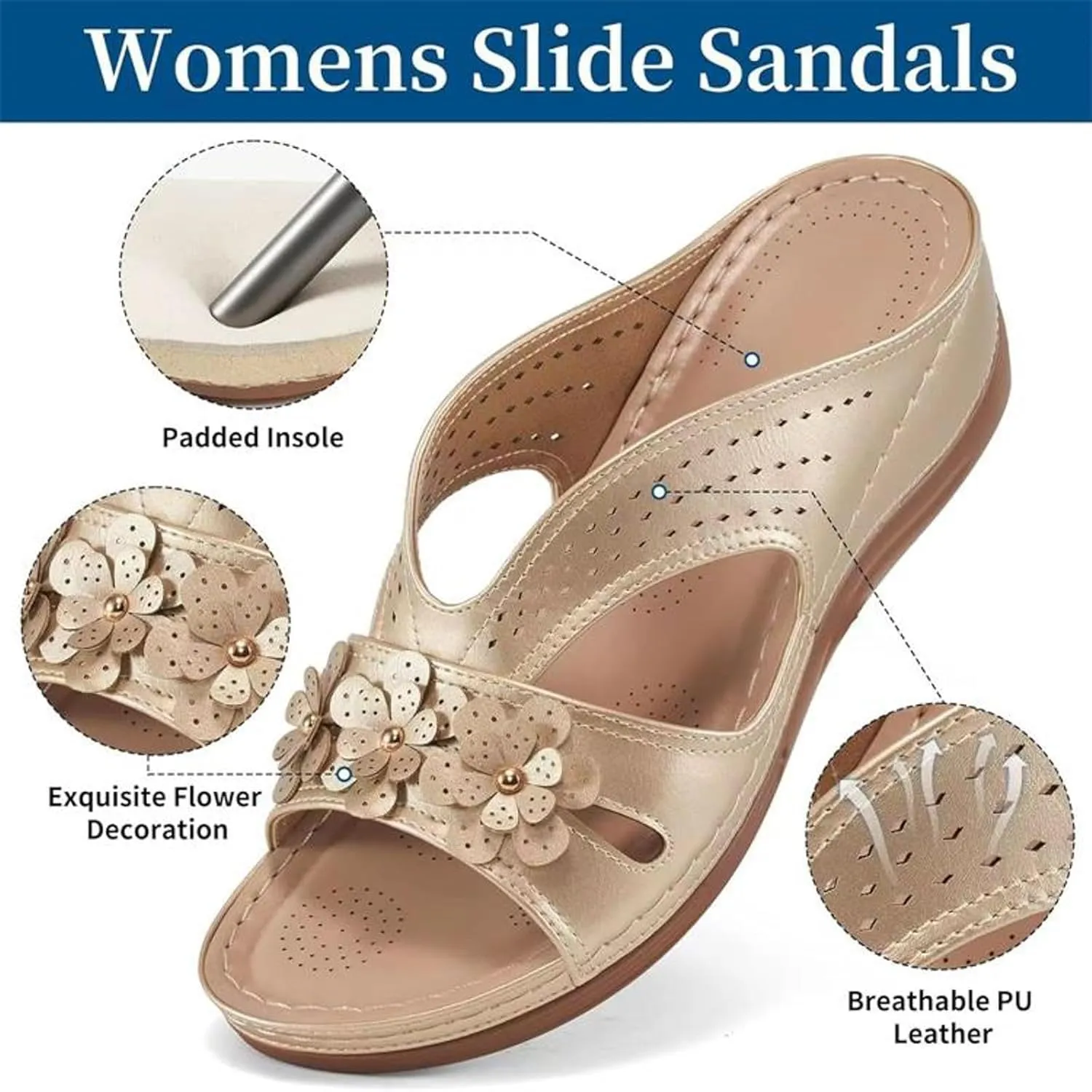Summer Sandals For Women 2025,Orthopedic Flowers Womens Wedge Sandal Comfortable Wide Width Casual Dressy Slip-On Slides Arch Support Lightweight Memory Foam Platform Vacation Shoes