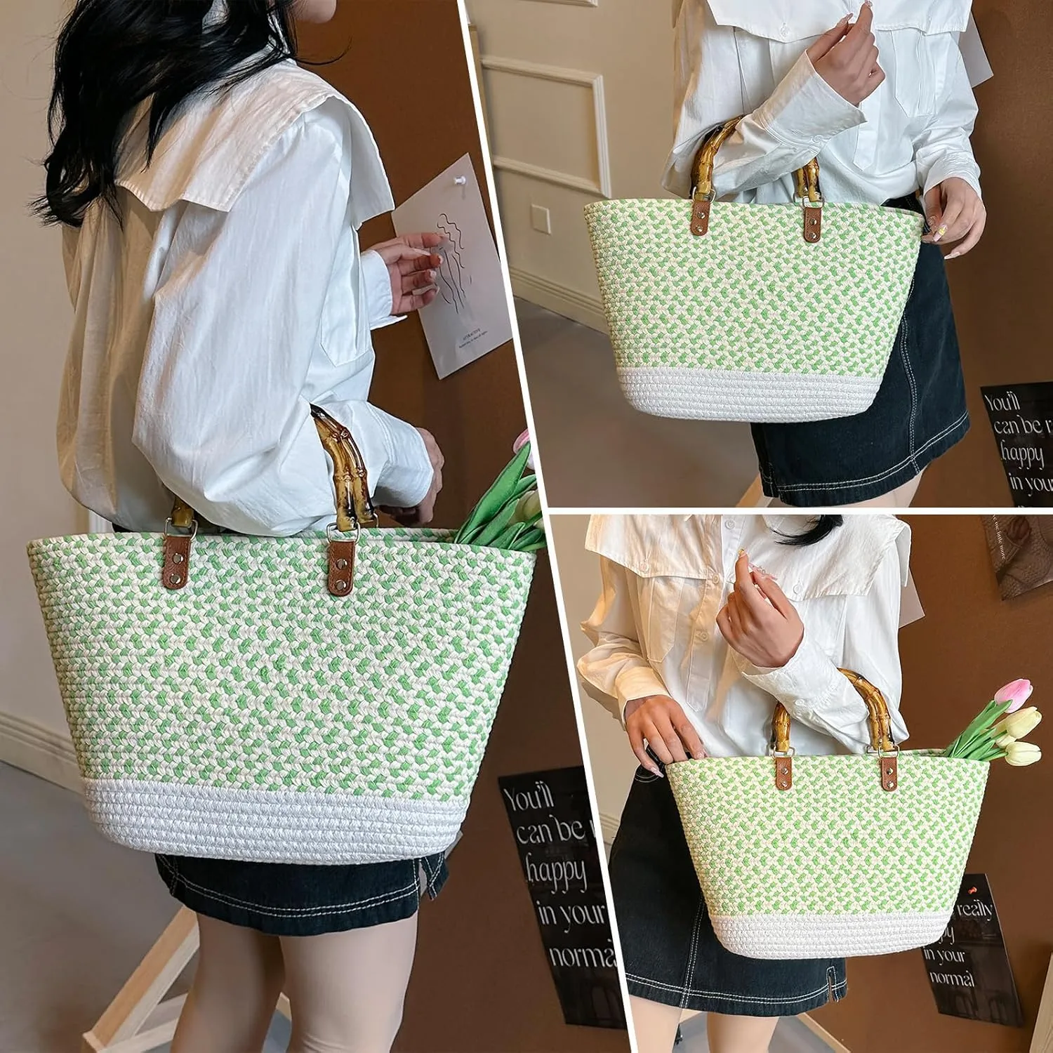 Summer Straw Handbags for Women Bamboo Handle Tote Bag Woven Beach Bags Vacation Purse