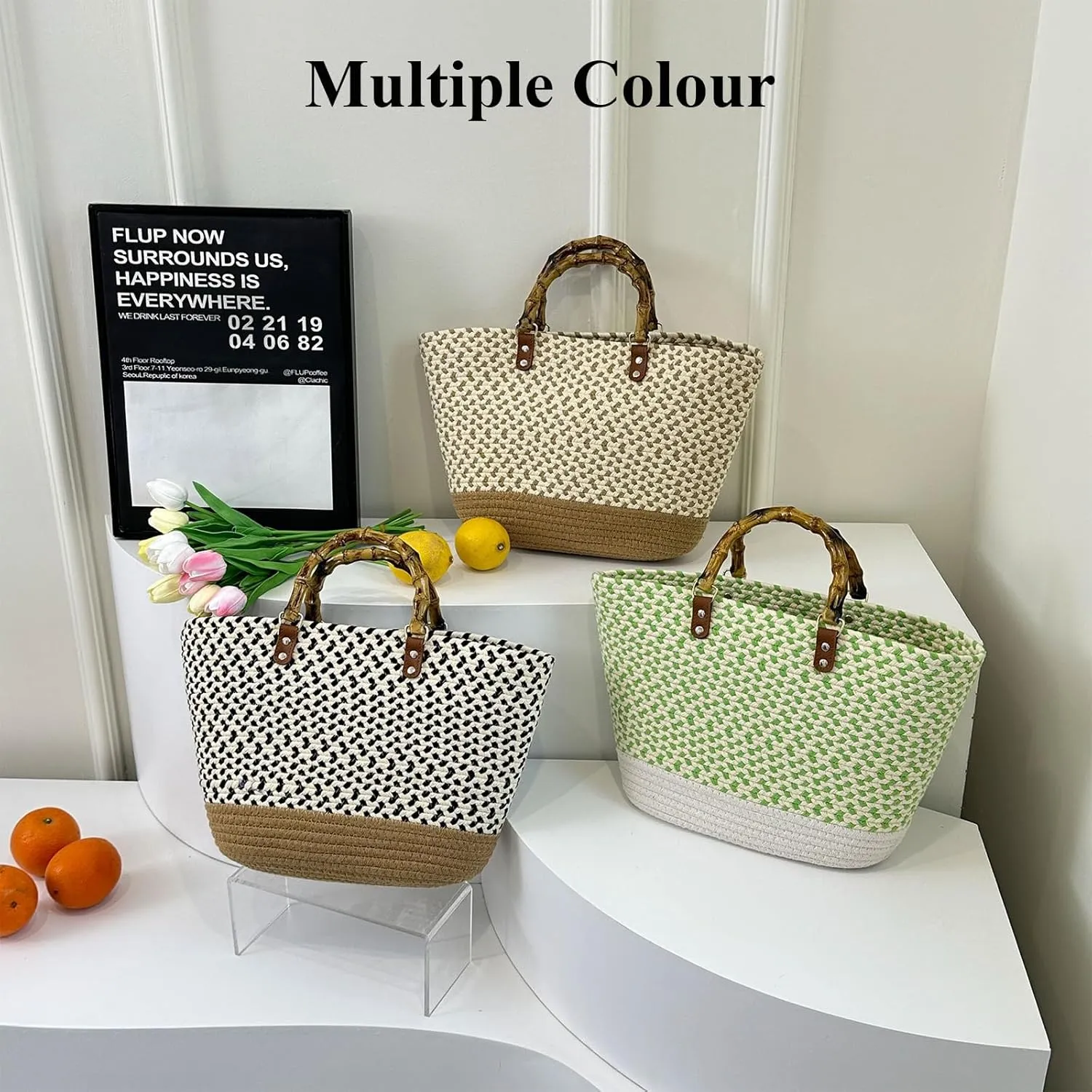 Summer Straw Handbags for Women Bamboo Handle Tote Bag Woven Beach Bags Vacation Purse