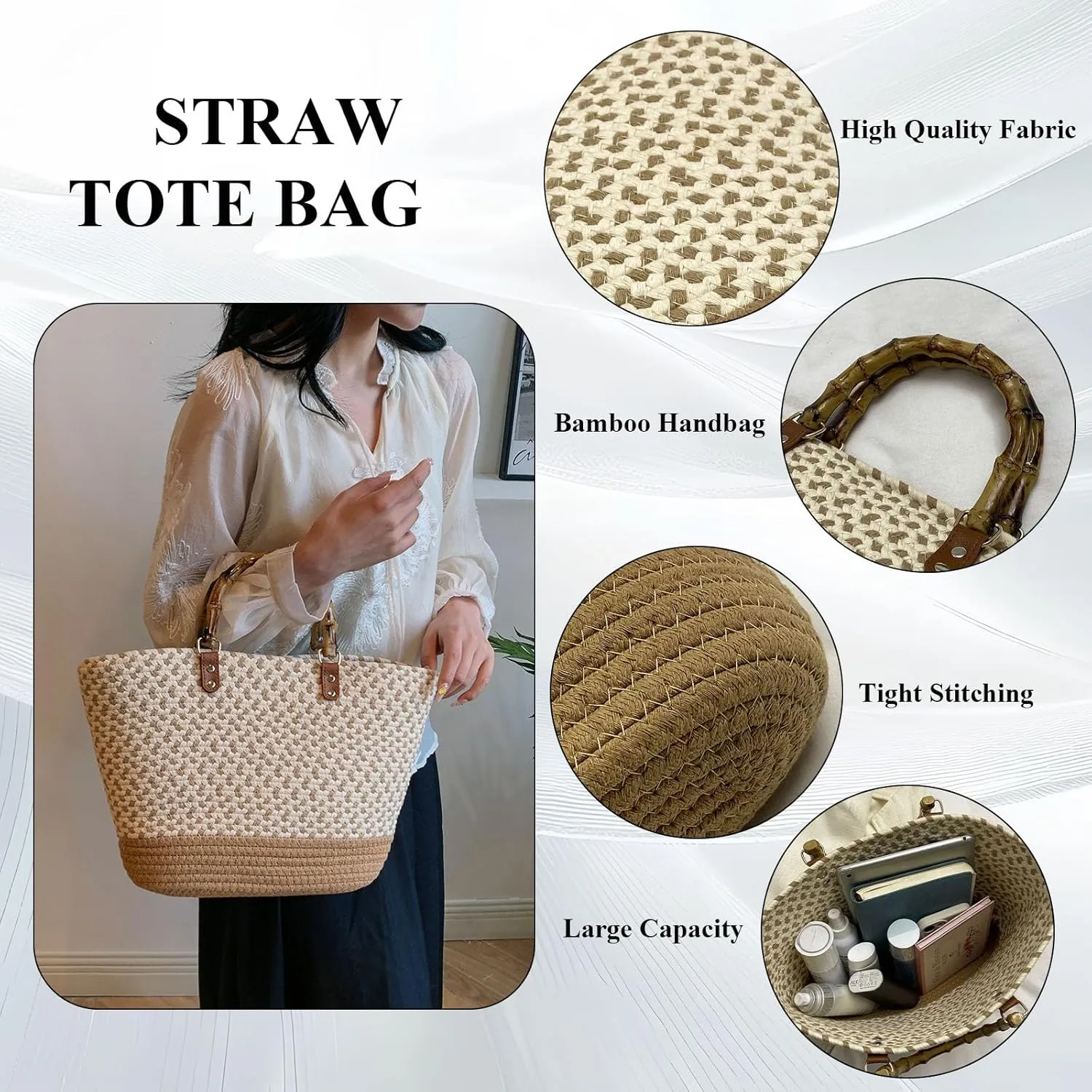 Summer Straw Handbags for Women Bamboo Handle Tote Bag Woven Beach Bags Vacation Purse