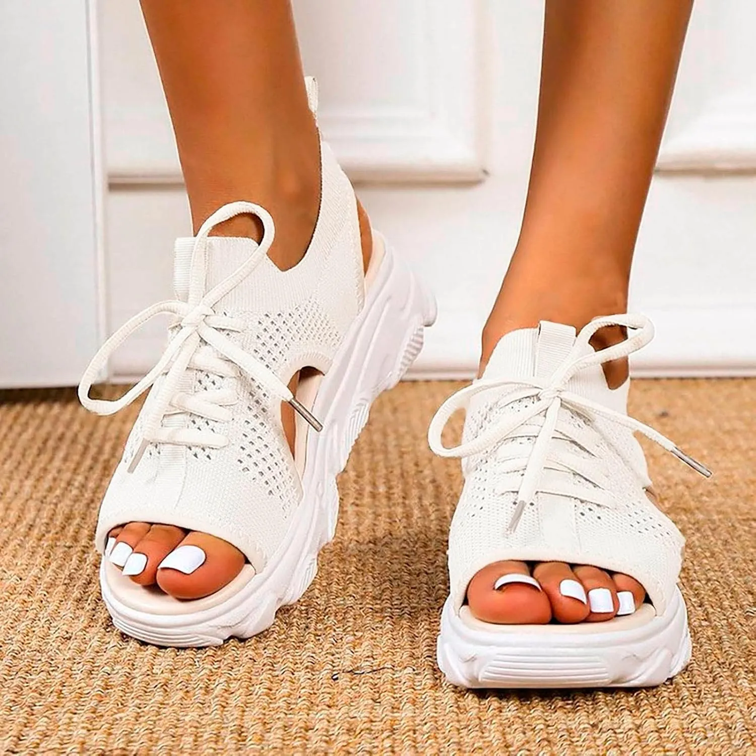 Summer Women Sandals Mesh Casual White Thick Soled Lace Up Sandals Open Toe Beach Dressy Flat Shoes
