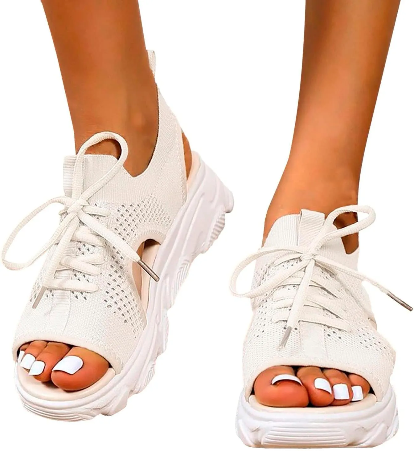 Summer Women Sandals Mesh Casual White Thick Soled Lace Up Sandals Open Toe Beach Dressy Flat Shoes