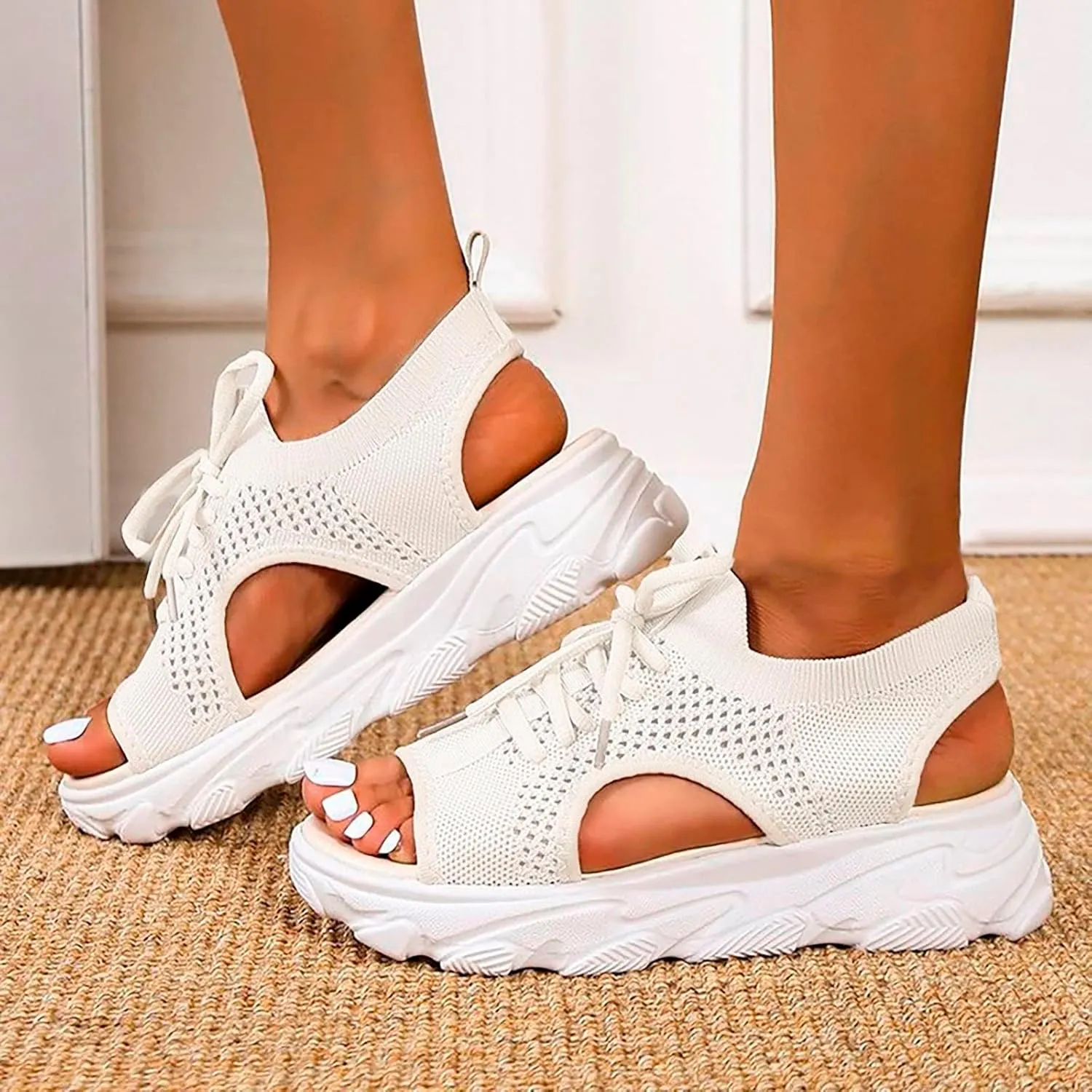 Summer Women Sandals Mesh Casual White Thick Soled Lace Up Sandals Open Toe Beach Dressy Flat Shoes