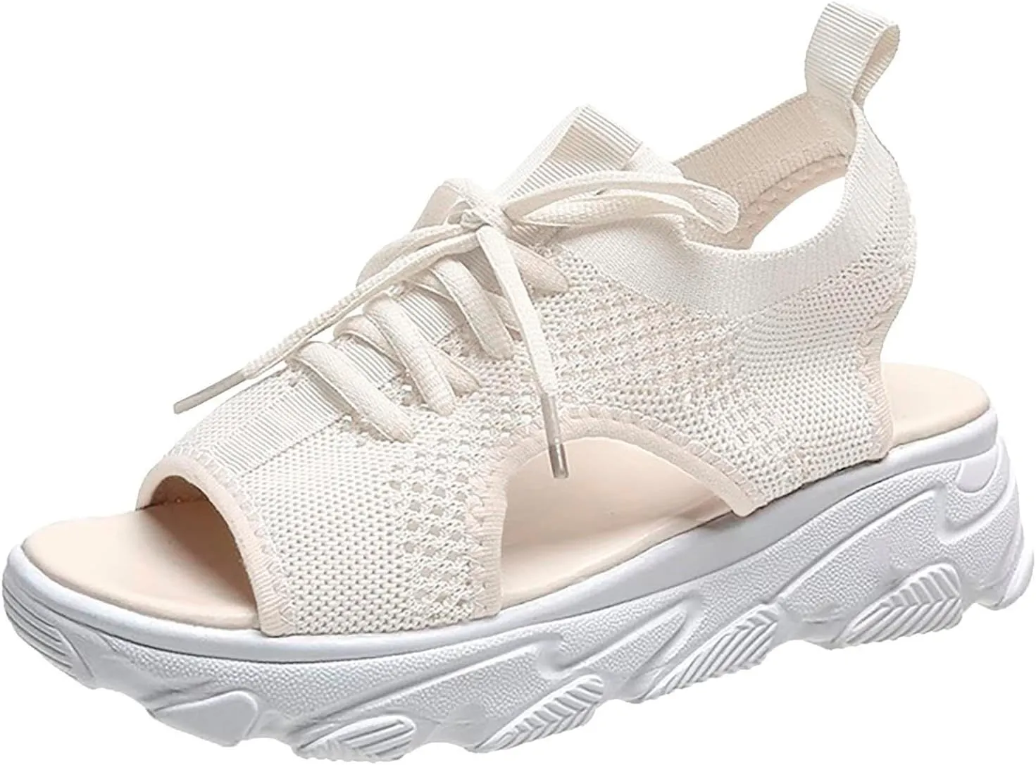 Summer Women Sandals Mesh Casual White Thick Soled Lace Up Sandals Open Toe Beach Dressy Flat Shoes