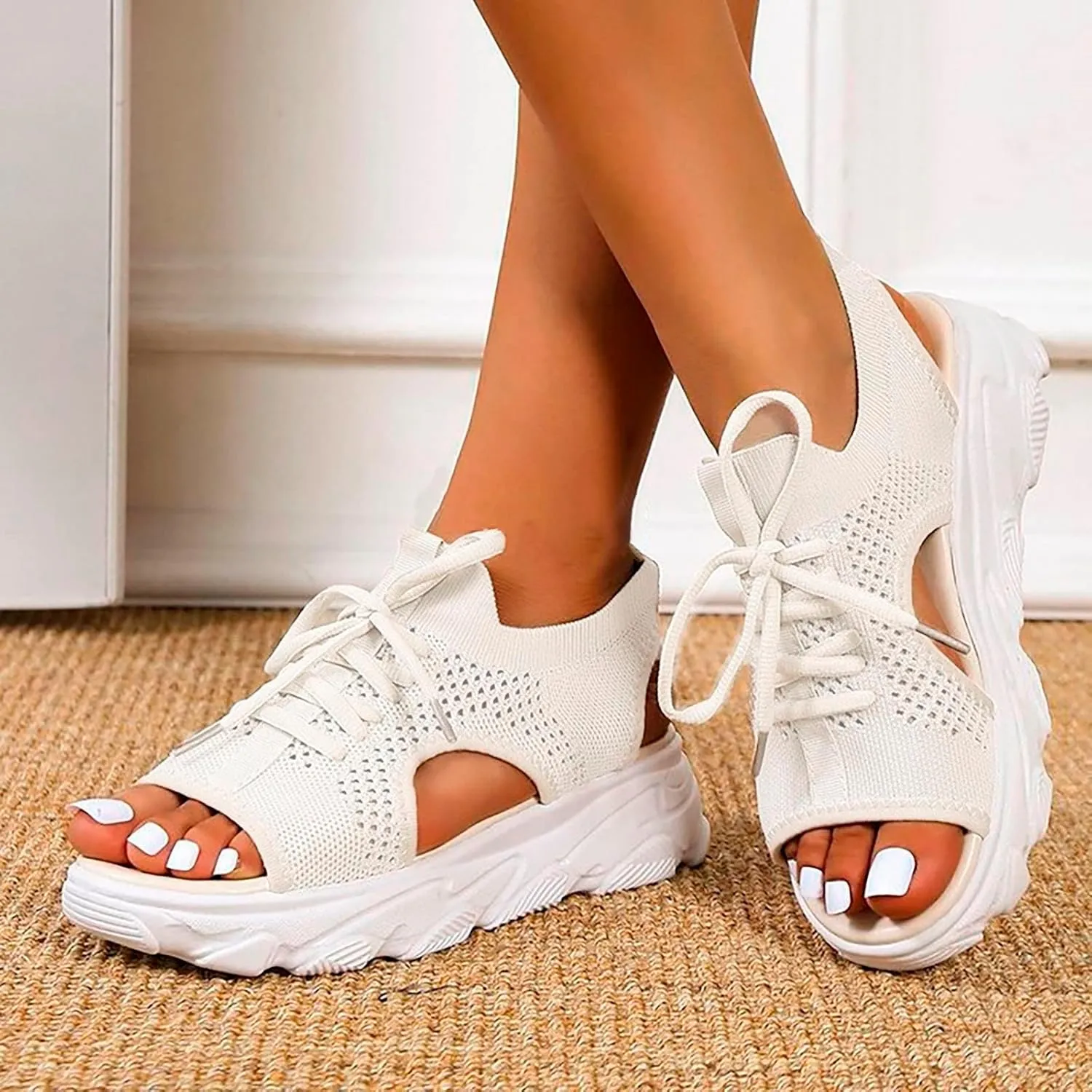 Summer Women Sandals Mesh Casual White Thick Soled Lace Up Sandals Open Toe Beach Dressy Flat Shoes