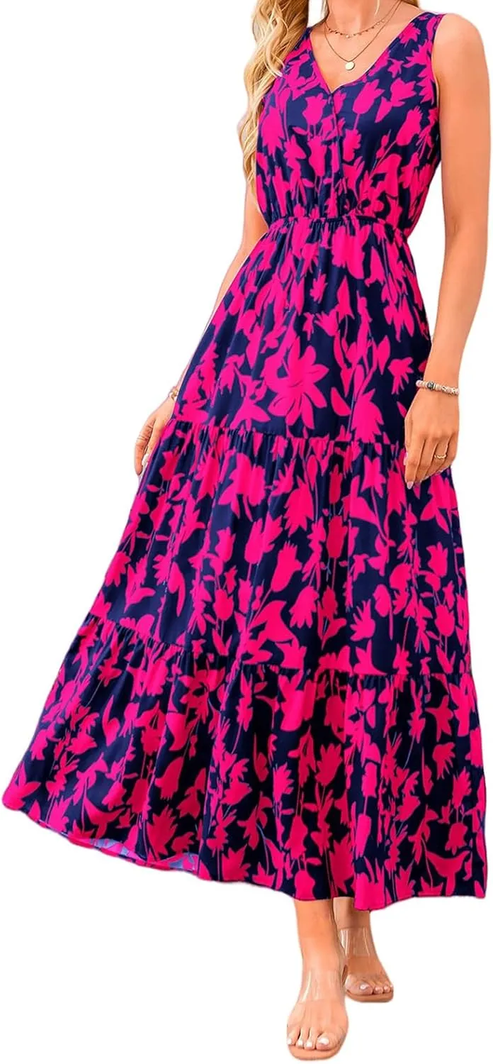 Summer Womens Dresses Sleeveless V Neck Elastic Waist Maxi Dress Floral Ruffle Swing Sundress Wedding Guest Dresses