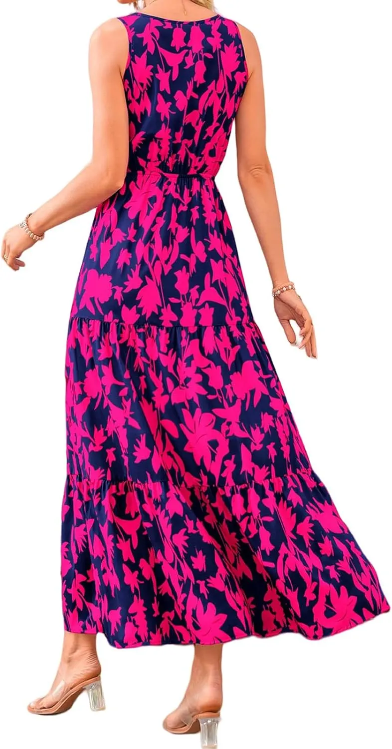 Summer Womens Dresses Sleeveless V Neck Elastic Waist Maxi Dress Floral Ruffle Swing Sundress Wedding Guest Dresses