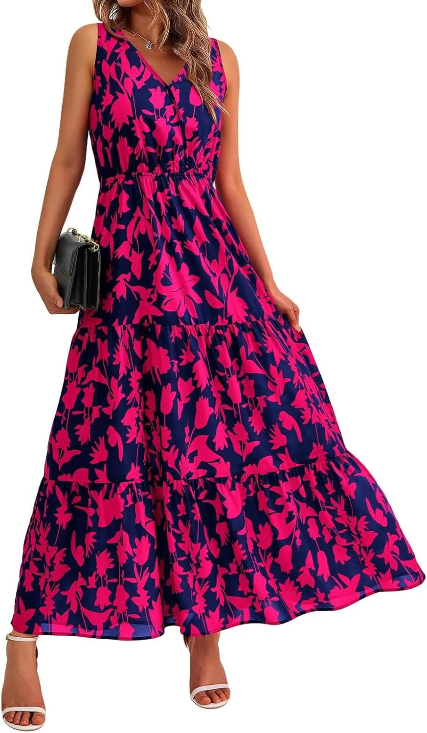 Summer Womens Dresses Sleeveless V Neck Elastic Waist Maxi Dress Floral Ruffle Swing Sundress Wedding Guest Dresses