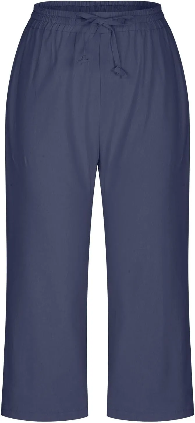 Summer Women's Solid Color Linen Capri Pants - Drawstring Waist Casual Seven-Eighths Trousers with Functional Pockets