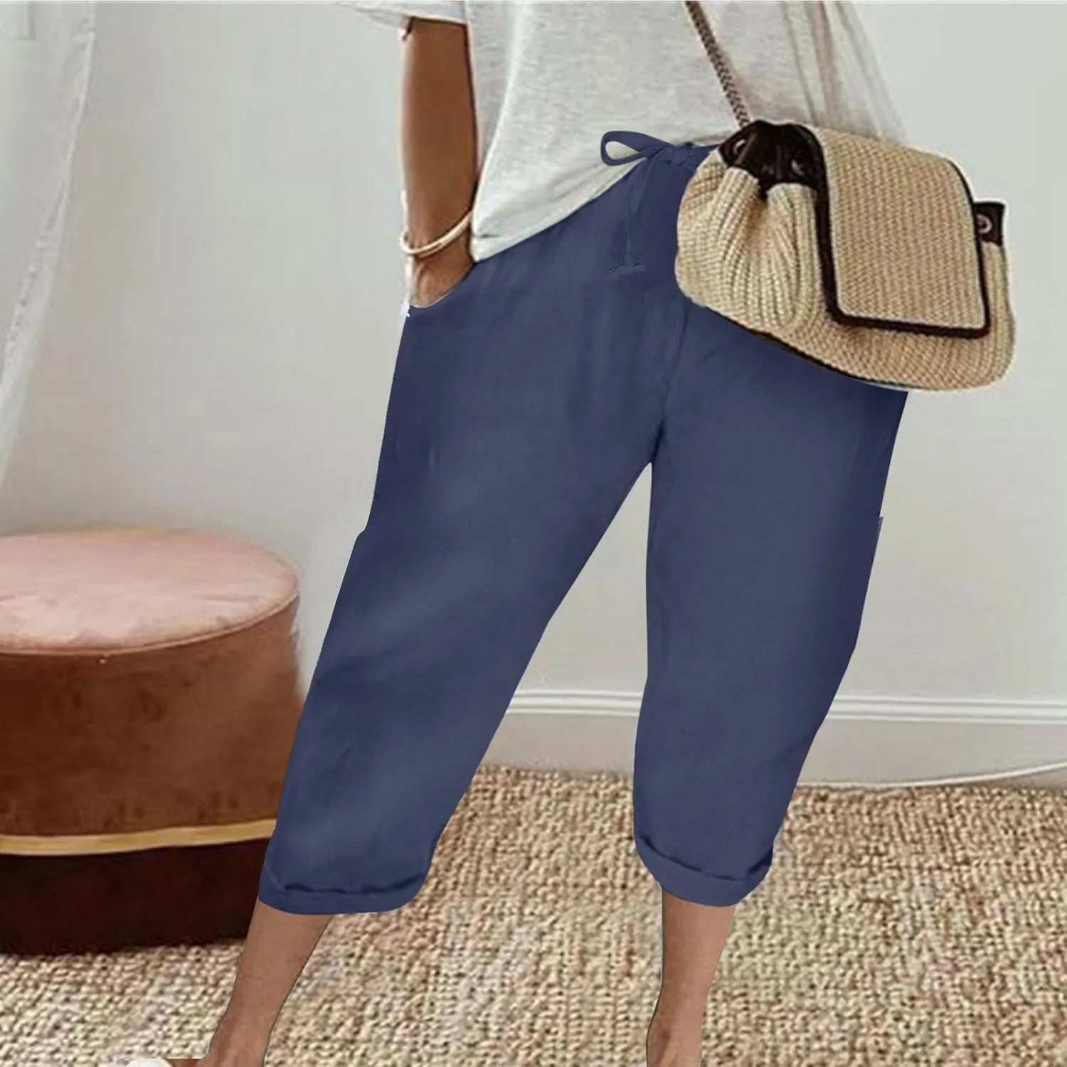 Summer Women's Solid Color Linen Capri Pants - Drawstring Waist Casual Seven-Eighths Trousers with Functional Pockets