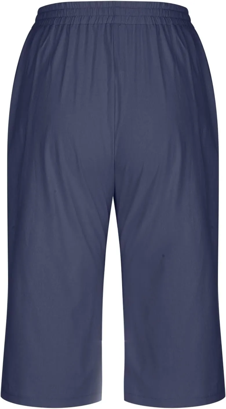 Summer Women's Solid Color Linen Capri Pants - Drawstring Waist Casual Seven-Eighths Trousers with Functional Pockets
