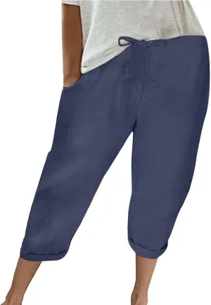 Summer Women's Solid Color Linen Capri Pants - Drawstring Waist Casual Seven-Eighths Trousers with Functional Pockets