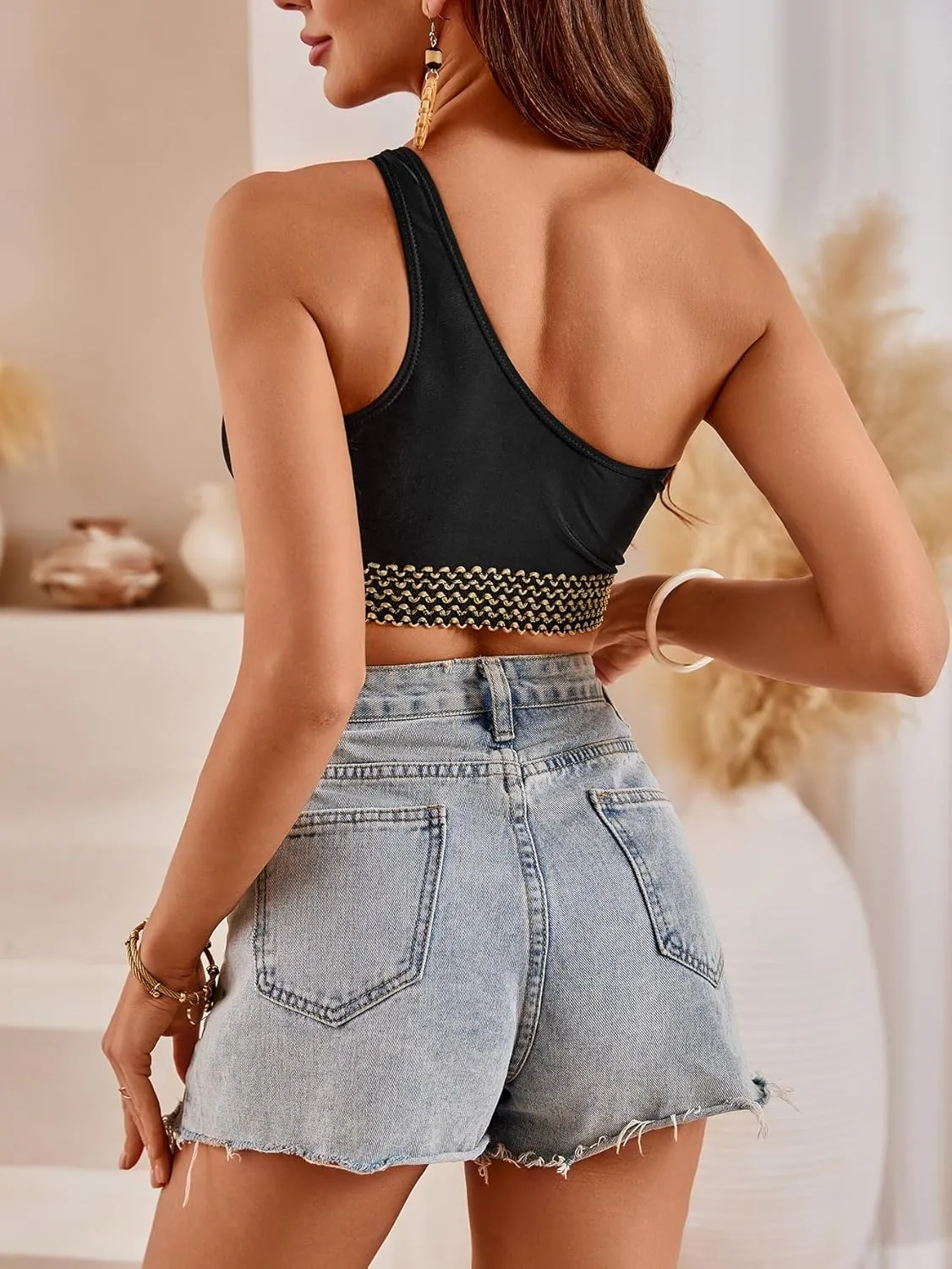 SweatyRocks Women's One Shoulder Bikini Top Cut Out Rink Linked Swimsuit Tops Swimwear
