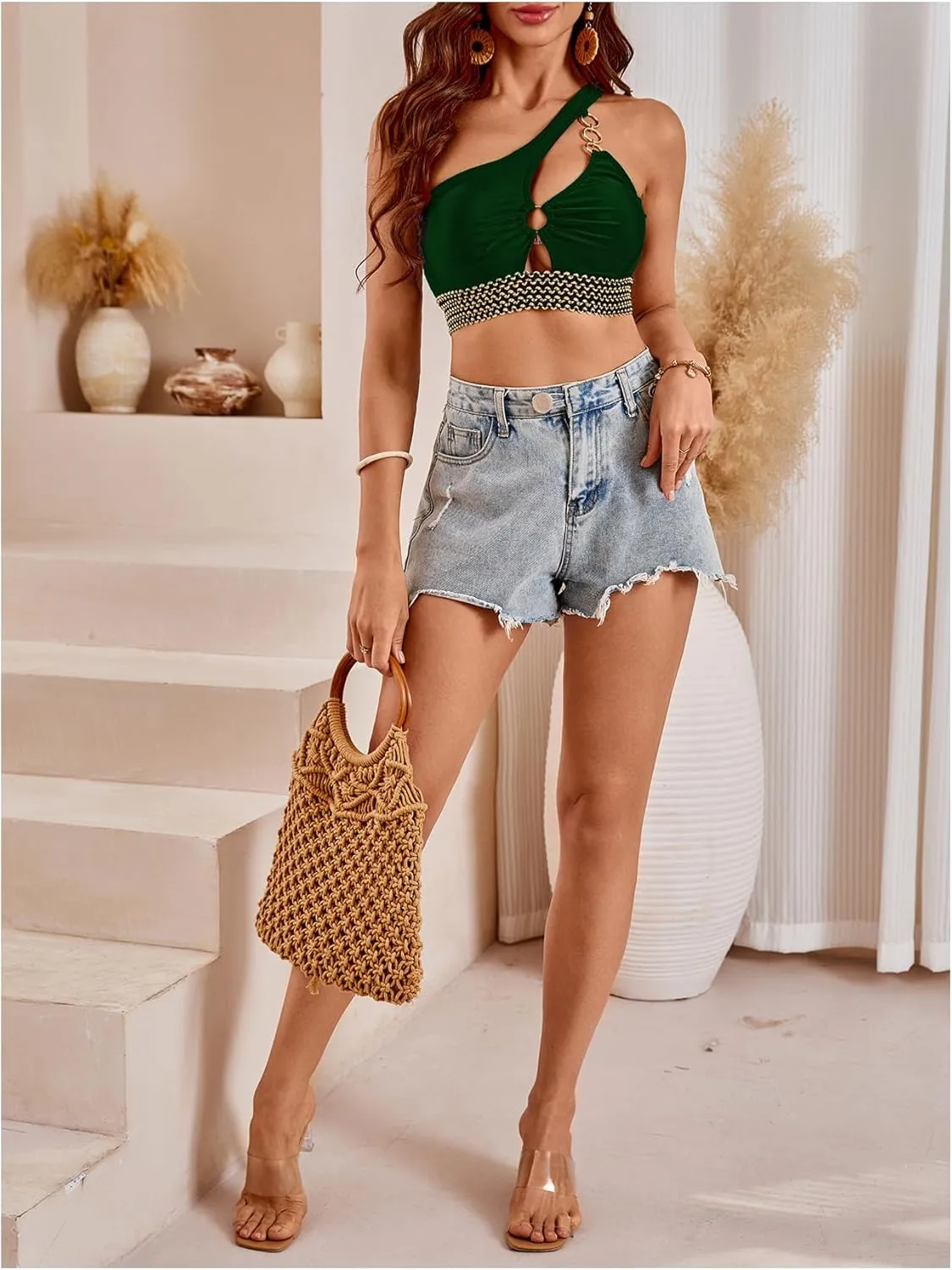 SweatyRocks Women's One Shoulder Bikini Top Cut Out Rink Linked Swimsuit Tops Swimwear