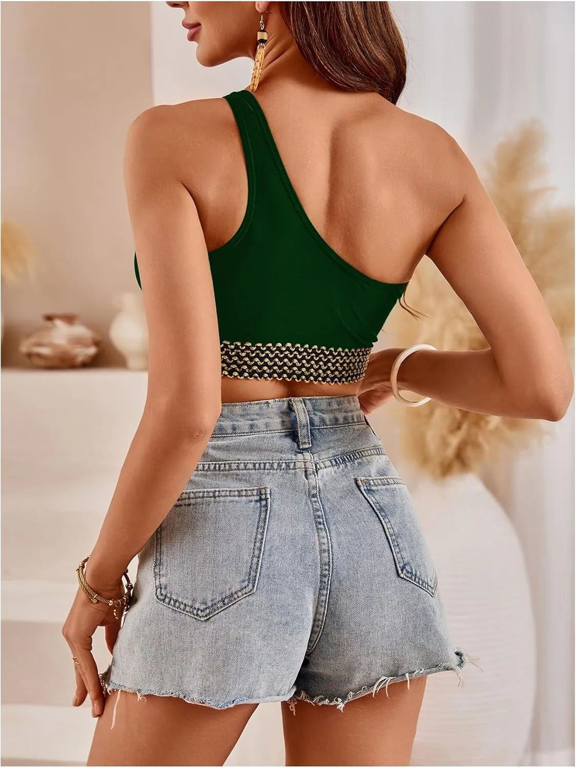 SweatyRocks Women's One Shoulder Bikini Top Cut Out Rink Linked Swimsuit Tops Swimwear
