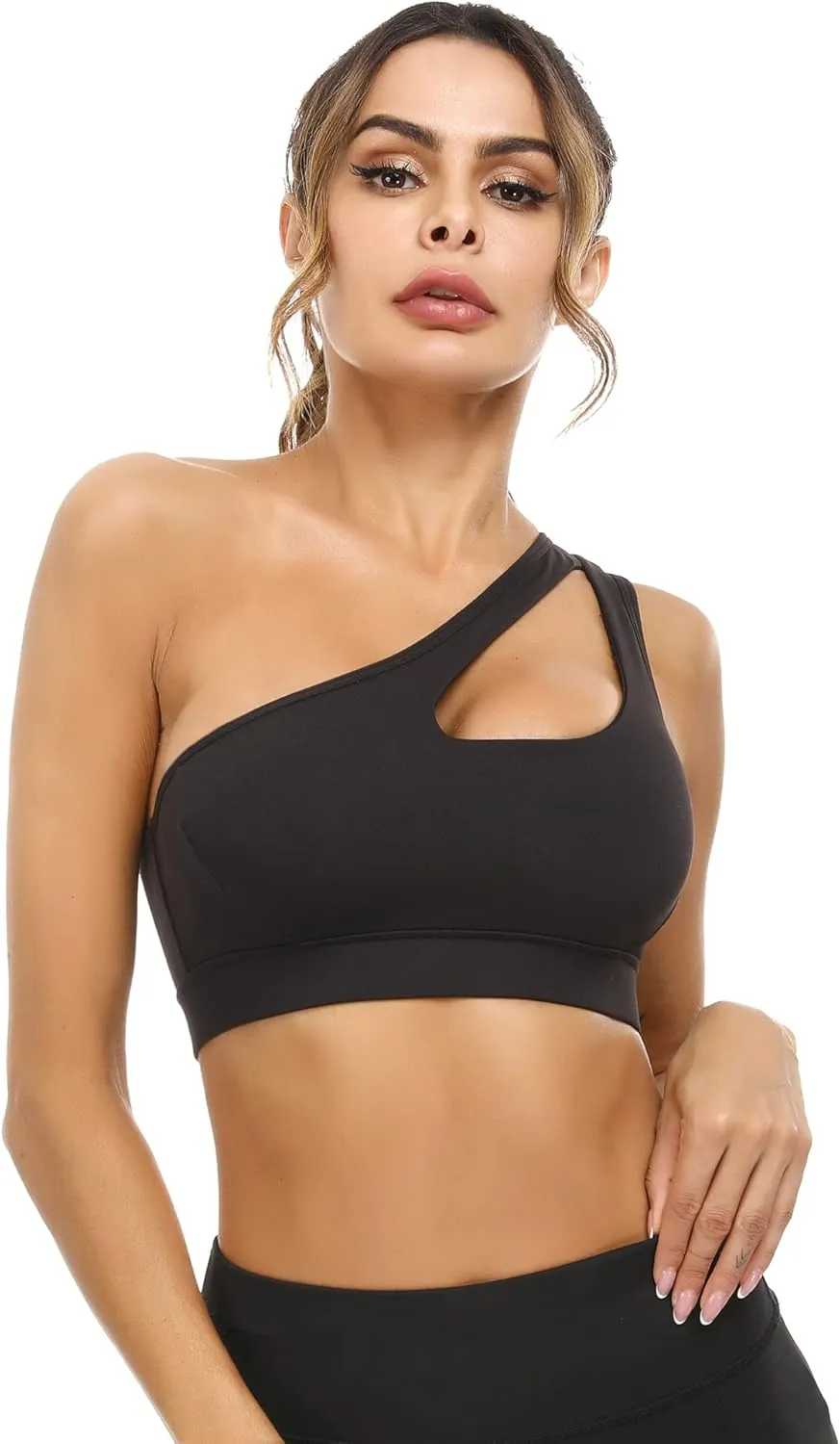Sykooria Womens One Shoulder Sports Bras Workout Left Strap Yoga Bras Cute Medium Support Crop Tops